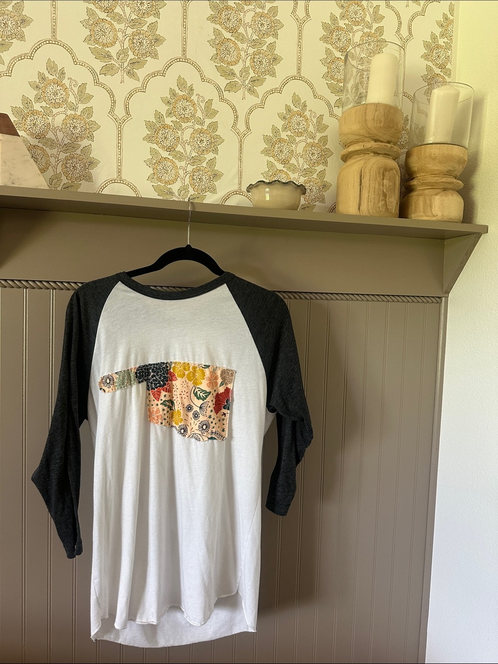 Long Sleeve Raglan Tee with Floral Patchwork - White and Charcoal